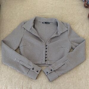 Zara Black & White Houndstooth Cropped Button Blouse